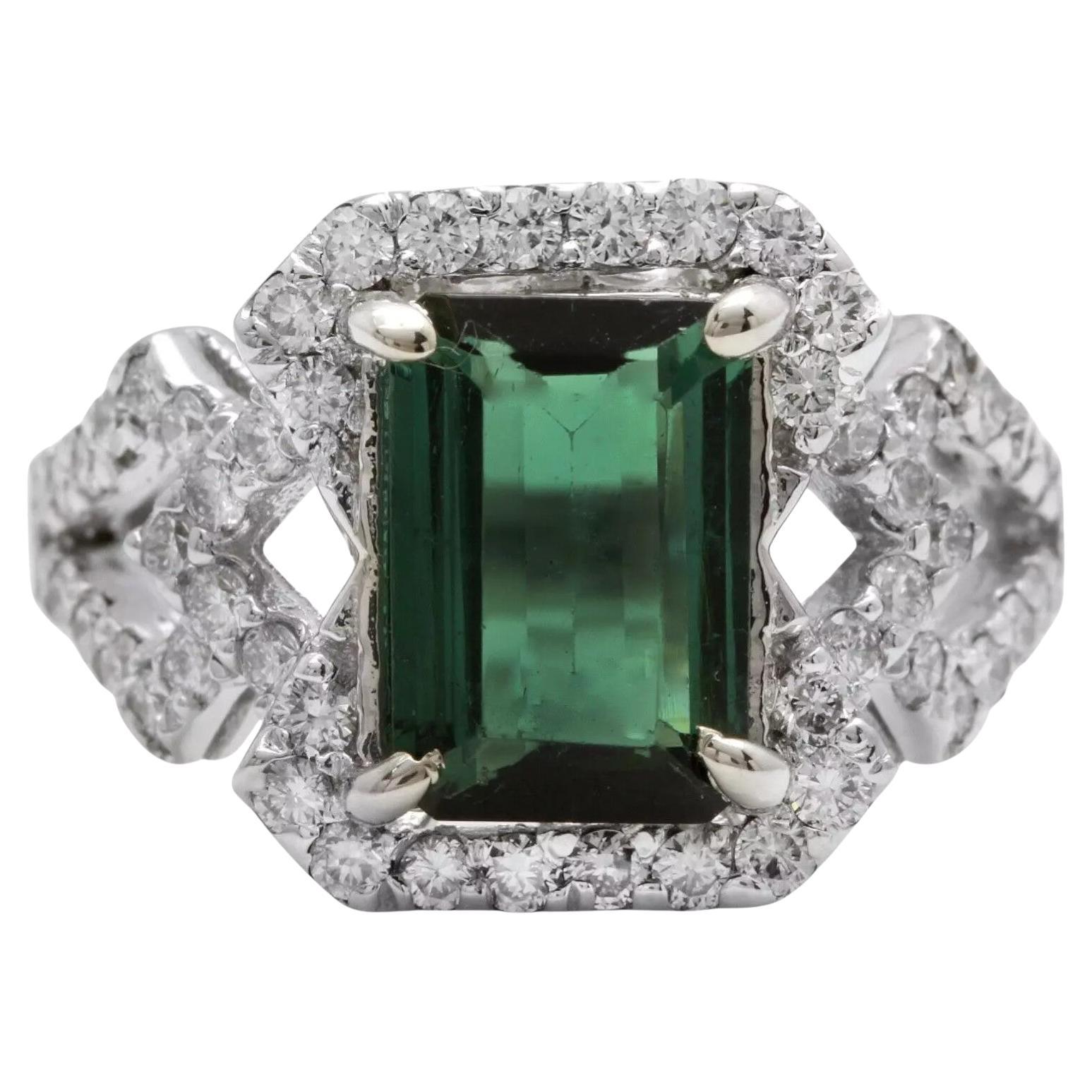 4.95 Carats Natural Green Tourmaline and Diamond 14K Solid White Gold Ring