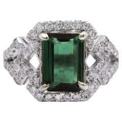 4.95 Carats Natural Green Tourmaline and Diamond 14K Solid White Gold Ring