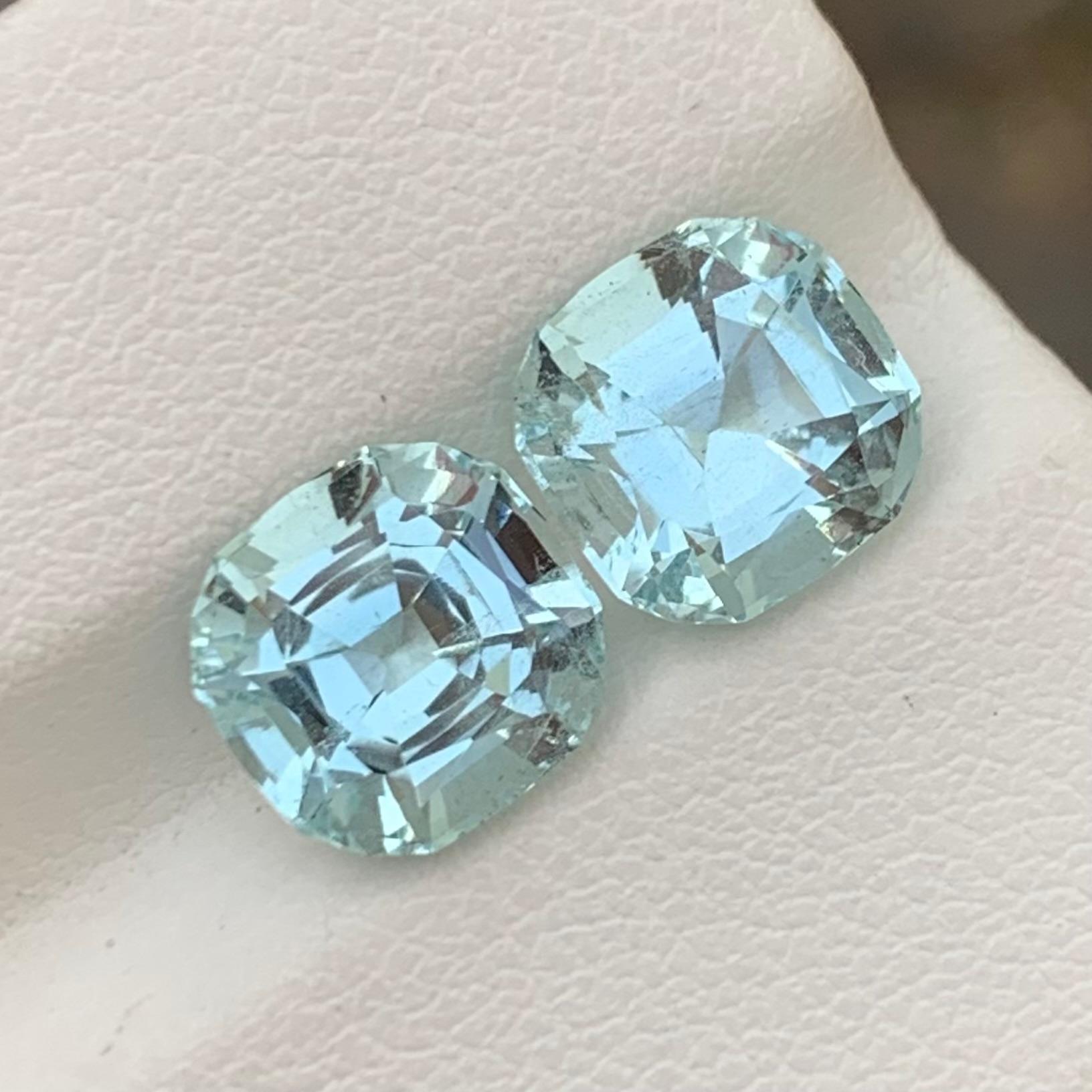 Loose Aquamarine Pair
Weight: 4.95 Carats 
Dimension: 8.4 x 8.2 x 5.9 Mm and 
                    8.5 x 8.3 x 5.8 Mm 
Treatment: None 
Colour: blue and white 
Origin: Shigar Valley Pakistan 
Certificate: On Demand 

Aquamarine, with its enchanting