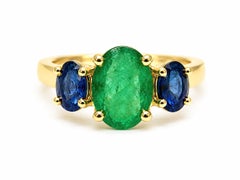 4.95 Ct Emerald Sapphire Cocktail Ring 14K Gold 3 Stone Emerald Sapphire Band