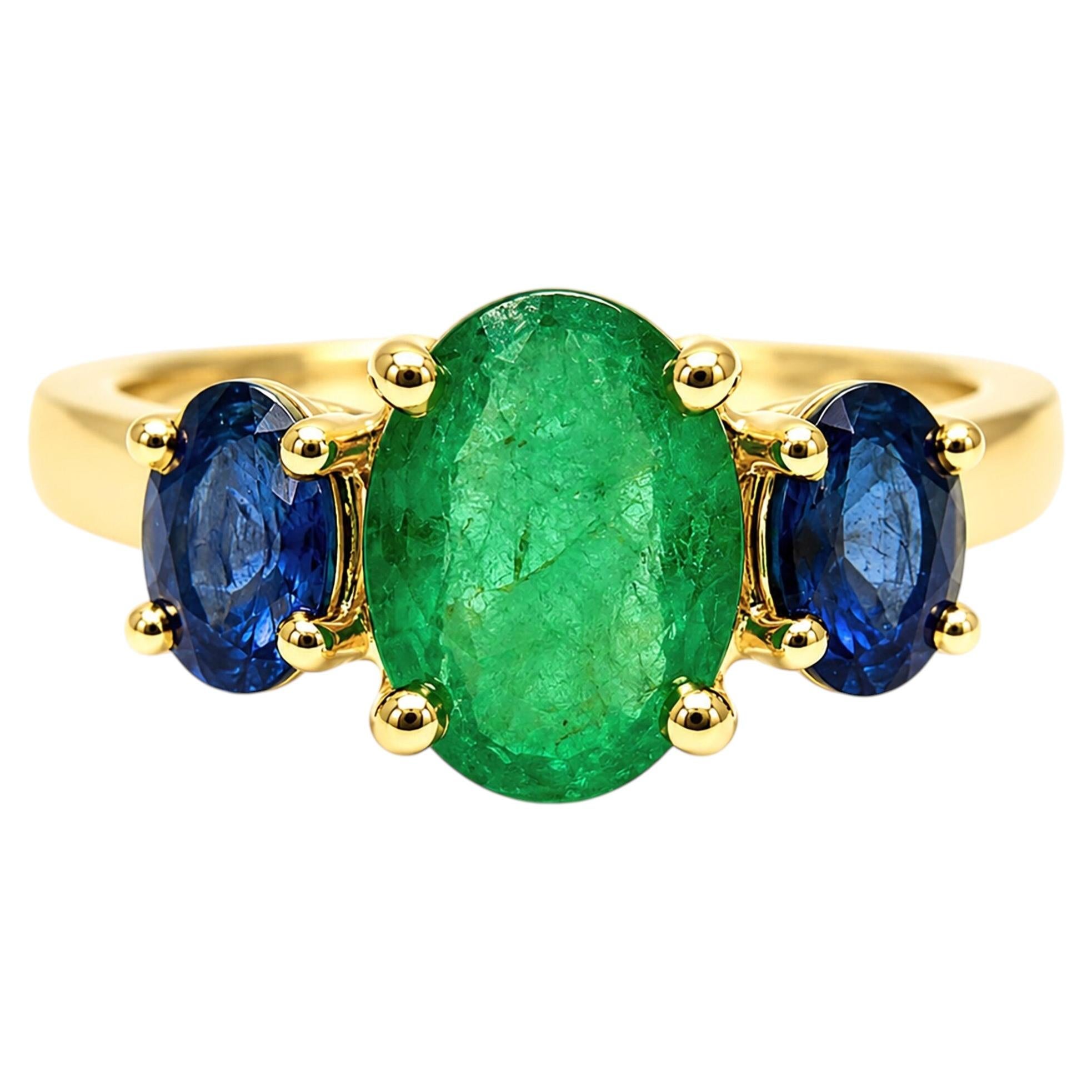 Anello da cocktail con zaffiro smeraldo da 4,95 carati, in oro 14K, con fascia a 3 pietre di zaffiro smeraldo