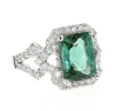 4.95 Ct Natural Looking Green Tourmaline and Diamond 14K Solid White Gold Ring