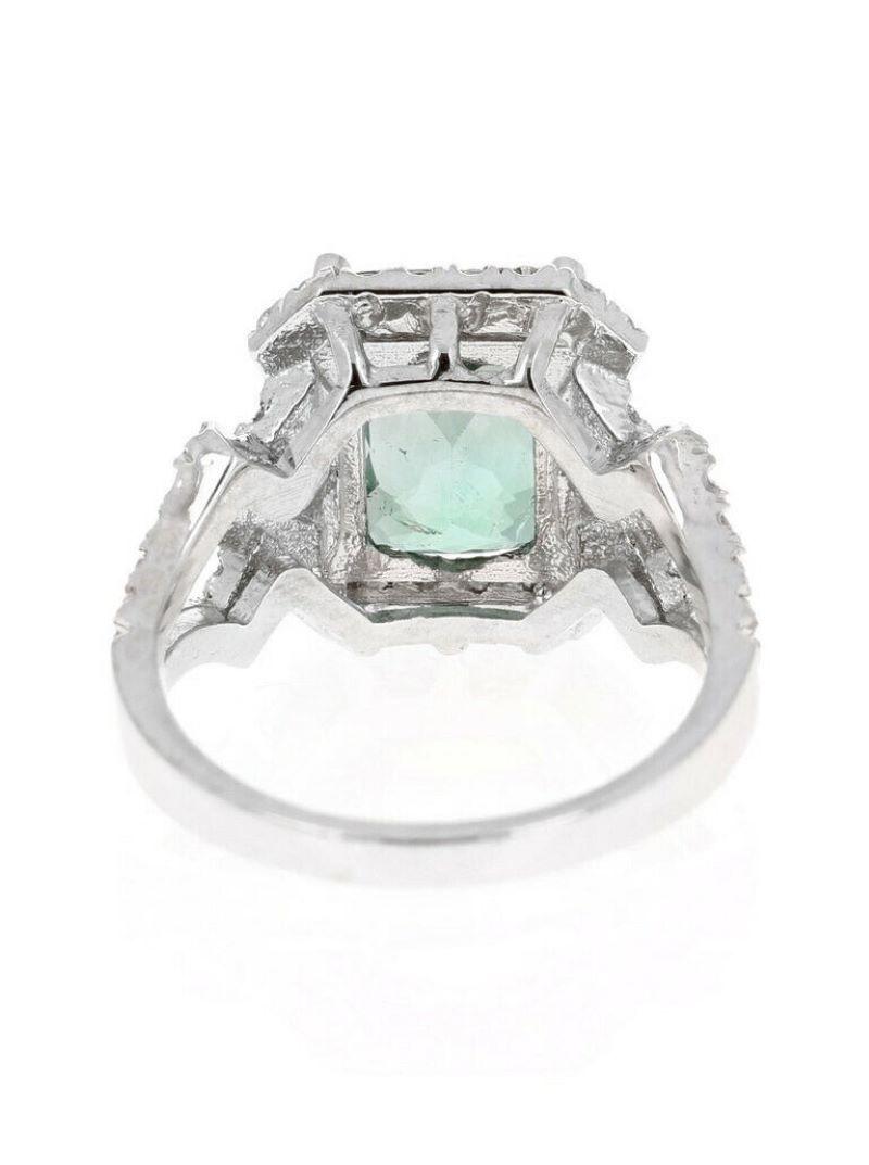 Mixed Cut 4.95 Ct Natural Looking Green Tourmaline and Diamond 14K Solid White Gold Ring For Sale