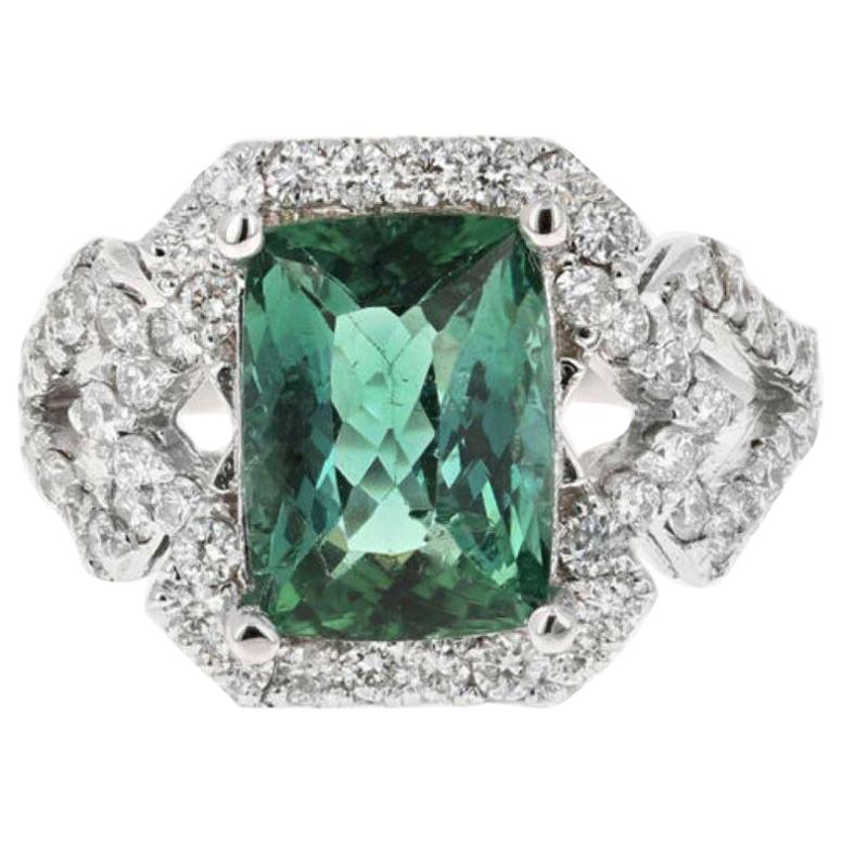 4.95 Ct Natural Looking Green Tourmaline and Diamond 14K Solid White Gold Ring For Sale