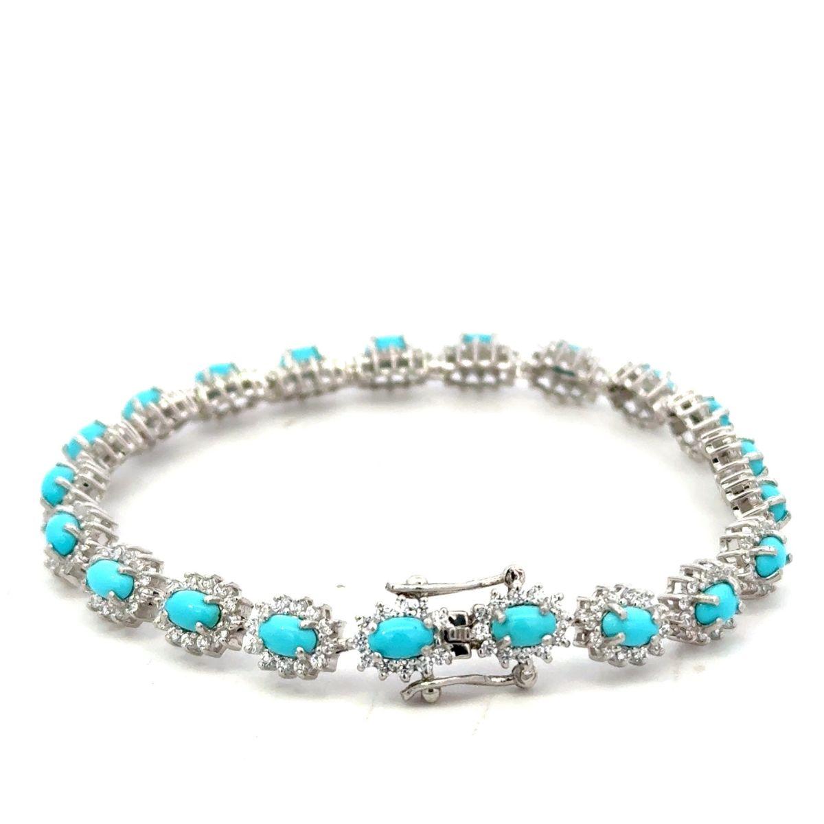 Art Nouveau 4.95 ct Turquoise Halo Cubic Zirconia Tennis Silver Bracelet Gift for Graduation For Sale