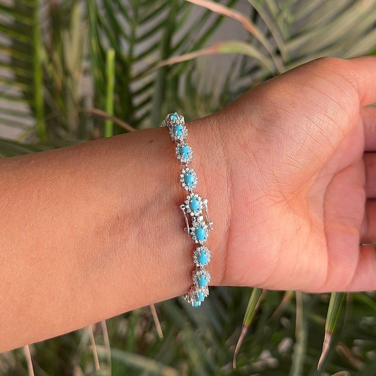 Oval Cut 4.95 ct Turquoise Halo Cubic Zirconia Tennis Silver Bracelet Gift for Graduation For Sale
