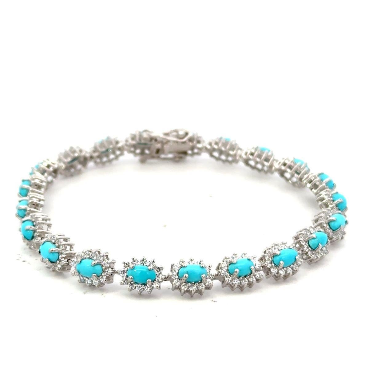 4.95 ct Turquoise Halo Cubic Zirconia Tennis Silver Bracelet Gift for Graduation For Sale 3