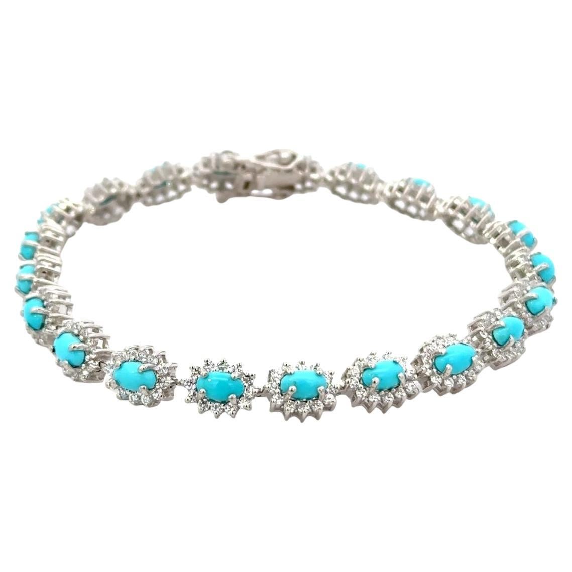 4.95 ct Turquoise Halo Cubic Zirconia Tennis Silver Bracelet Gift for Graduation For Sale