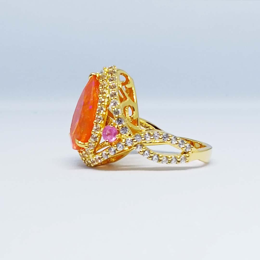 6.82 cts Orange Opal Ring. Sterling Silver on 18K gold Plated In New Condition For Sale In Bangkok, TH
