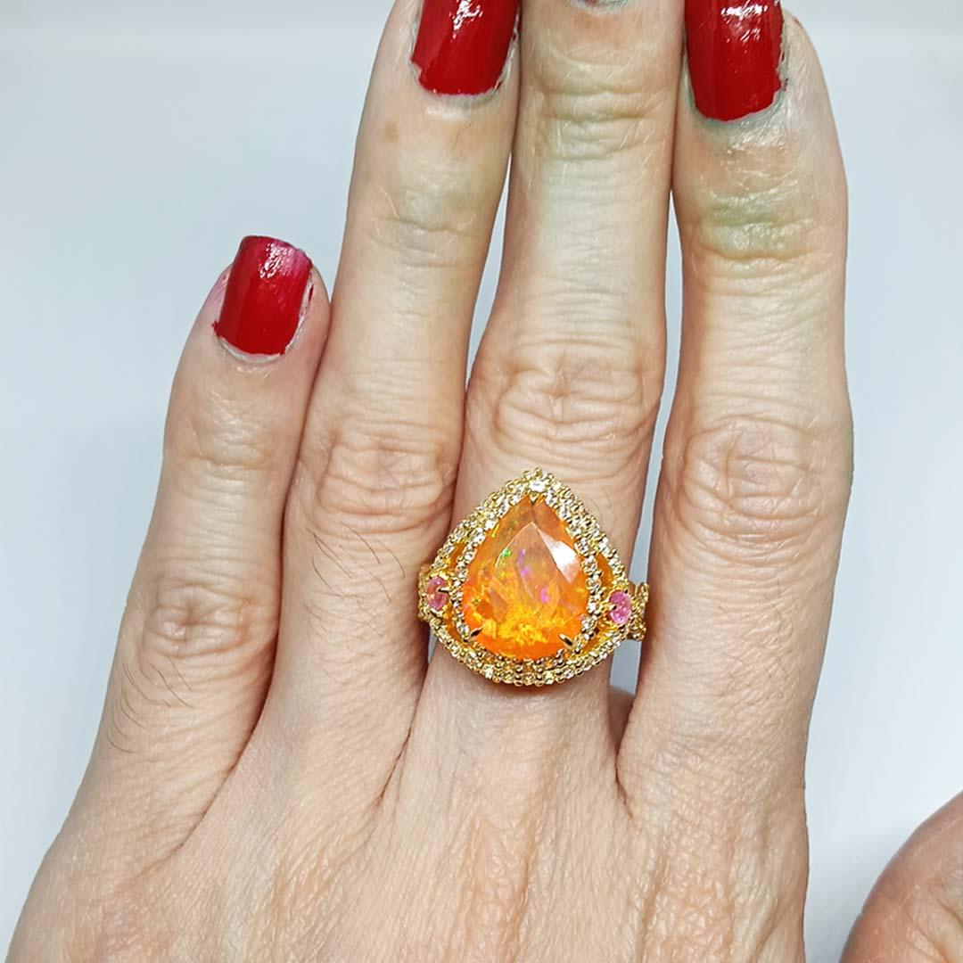 6.82 cts Orange Opal Ring. Sterling Silver on 18K gold Plated For Sale 2