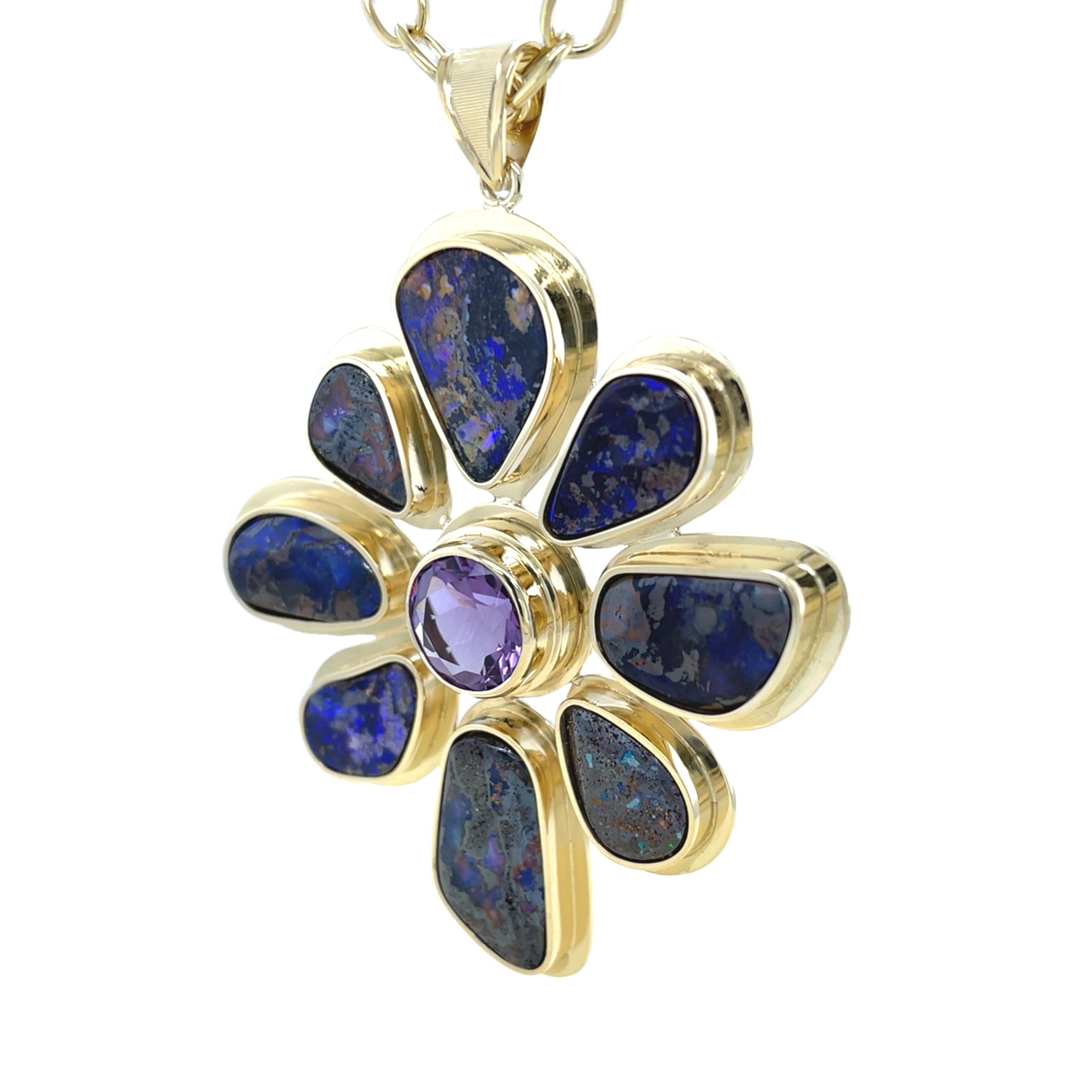 Artisan 49.50 Carats Total Pendentif Opale Boulder et Améthyste en Or Jaune en vente