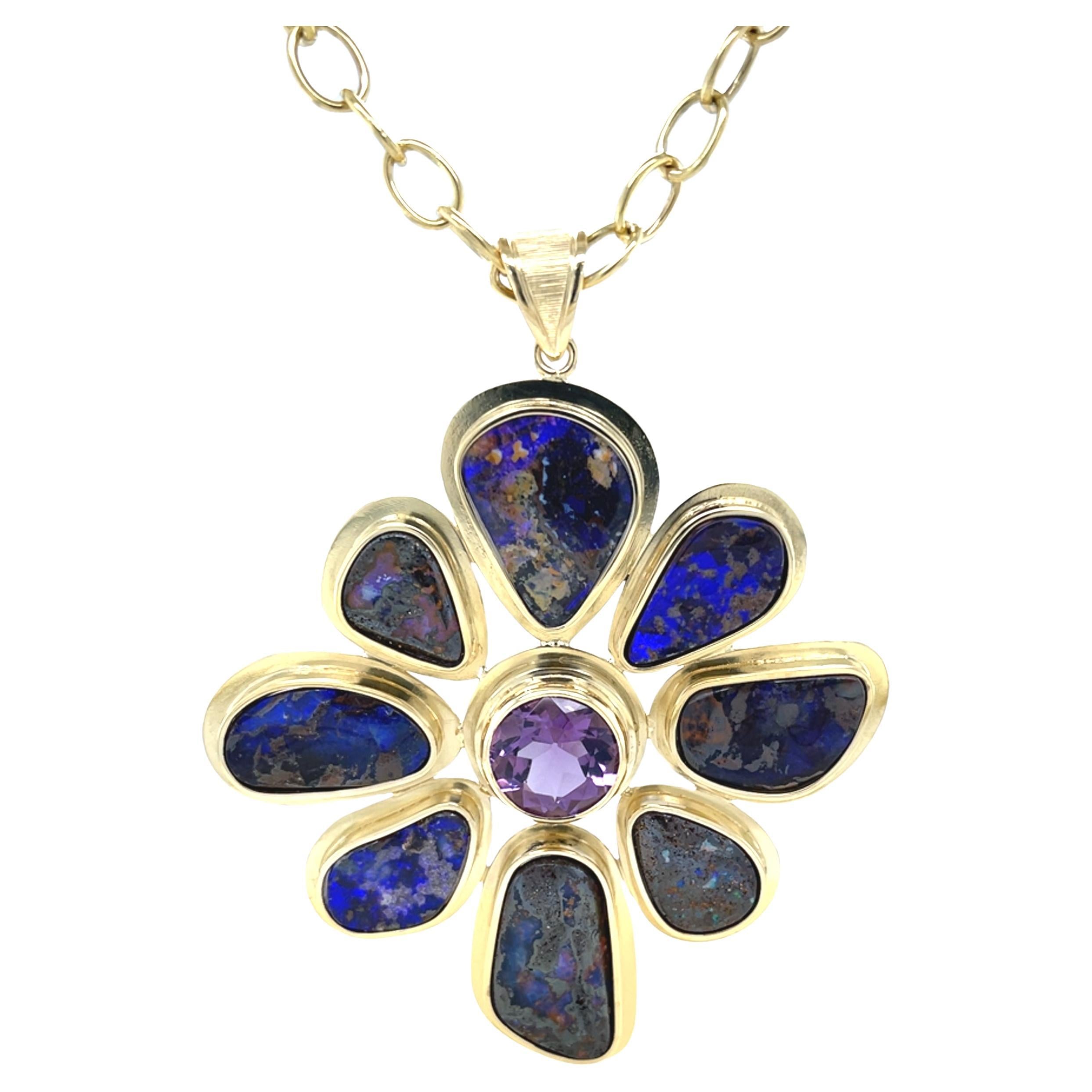 49.50 Carats Total Pendentif Opale Boulder et Améthyste en Or Jaune