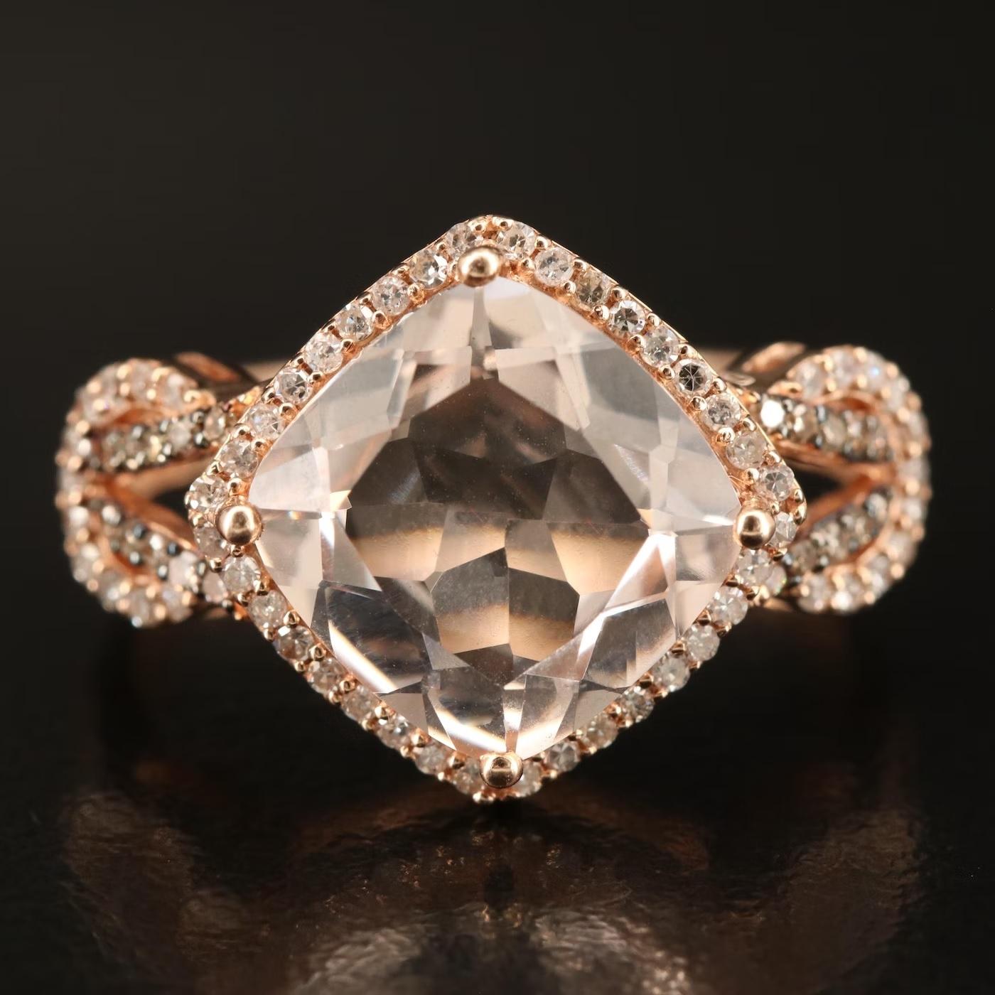 Designer EFFY Ring, Stamped and fully hallmarked

NEW with tags, Tag Price $4950

Amazing design, statement ring, head turner, Top Quality 

14K Rose gold, stamped 14K

3.65 Morganite and Diamond  

The ring is size 7 US size and can be re-sized by