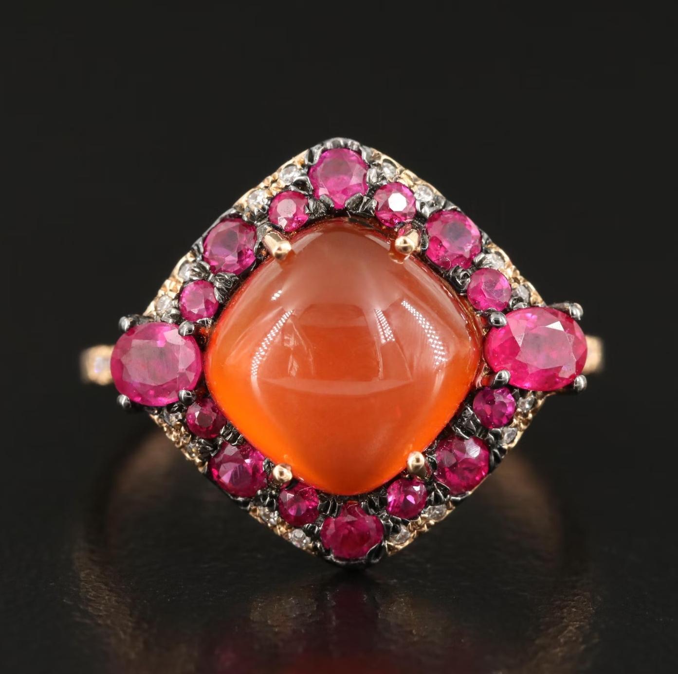 IDJ (International Diamond Jewelry) Designer ring - fully hallmarked 18K   IDJ    D014    R104

NEW WITH TAGS, Tag Price $4950

3.65 CWT Diamond (SI-VS/G) and Gemstone (Carnelian and Ruby)

3.7 grams in weight 

18K Rose gold, stamped 18K

Head