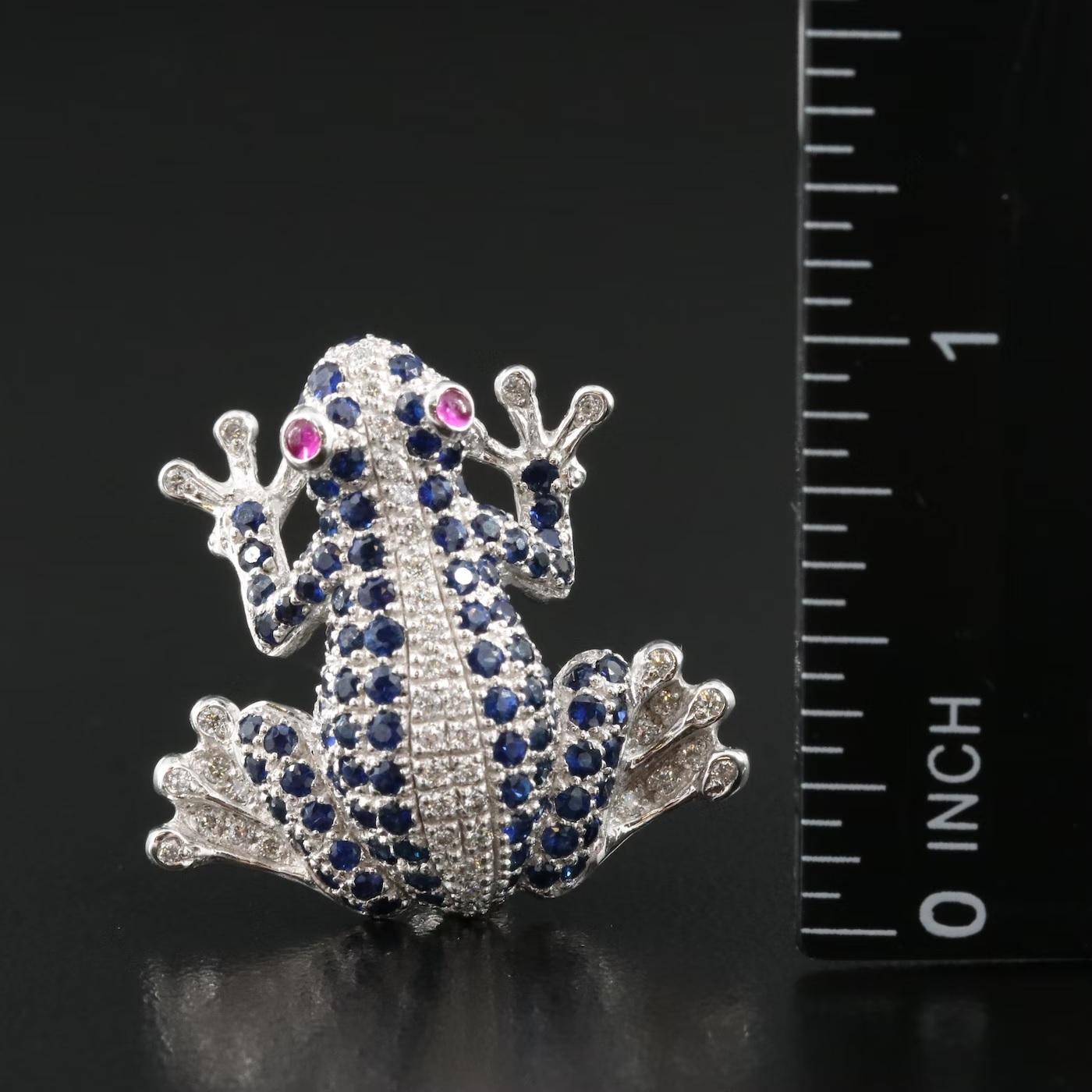 Round Cut $4950 / New / Levian 3D Frog Pendant Brooch / Diamond, Sapphire & Ruby For Sale