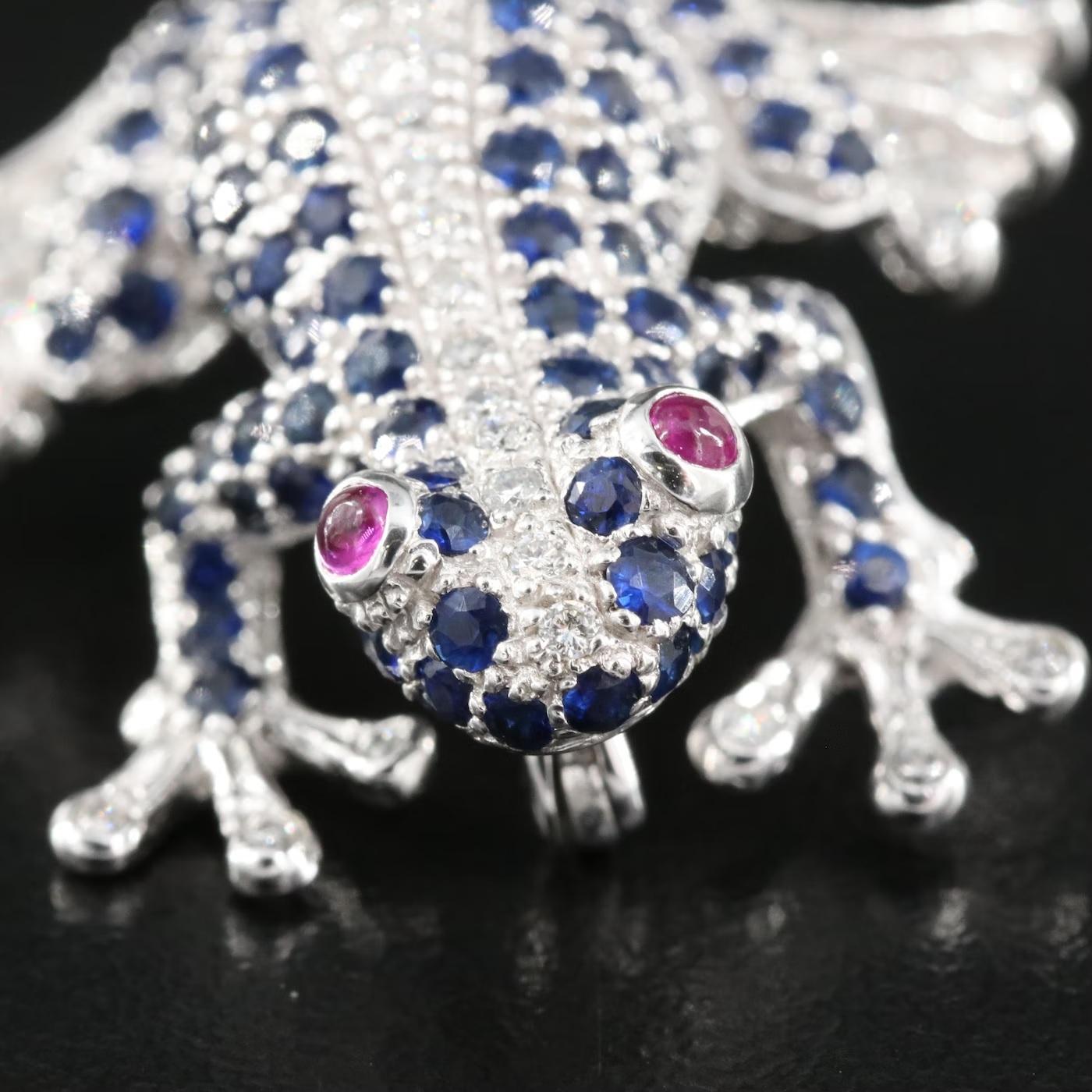 Women's or Men's $4950 / New / Levian 3D Frog Pendant Brooch / Diamond, Sapphire & Ruby For Sale