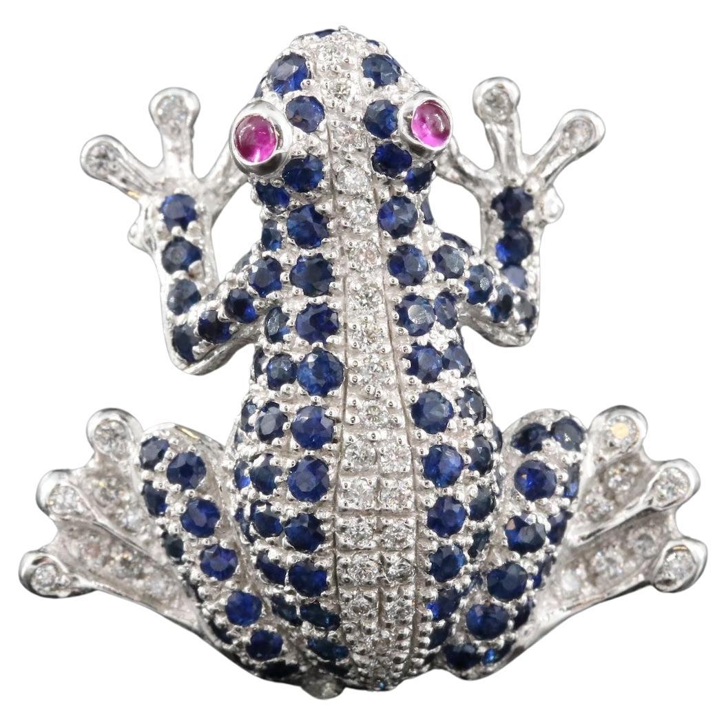 $4950 / New / Levian 3D Frog Pendant Brooch / Diamond, Sapphire & Ruby For Sale