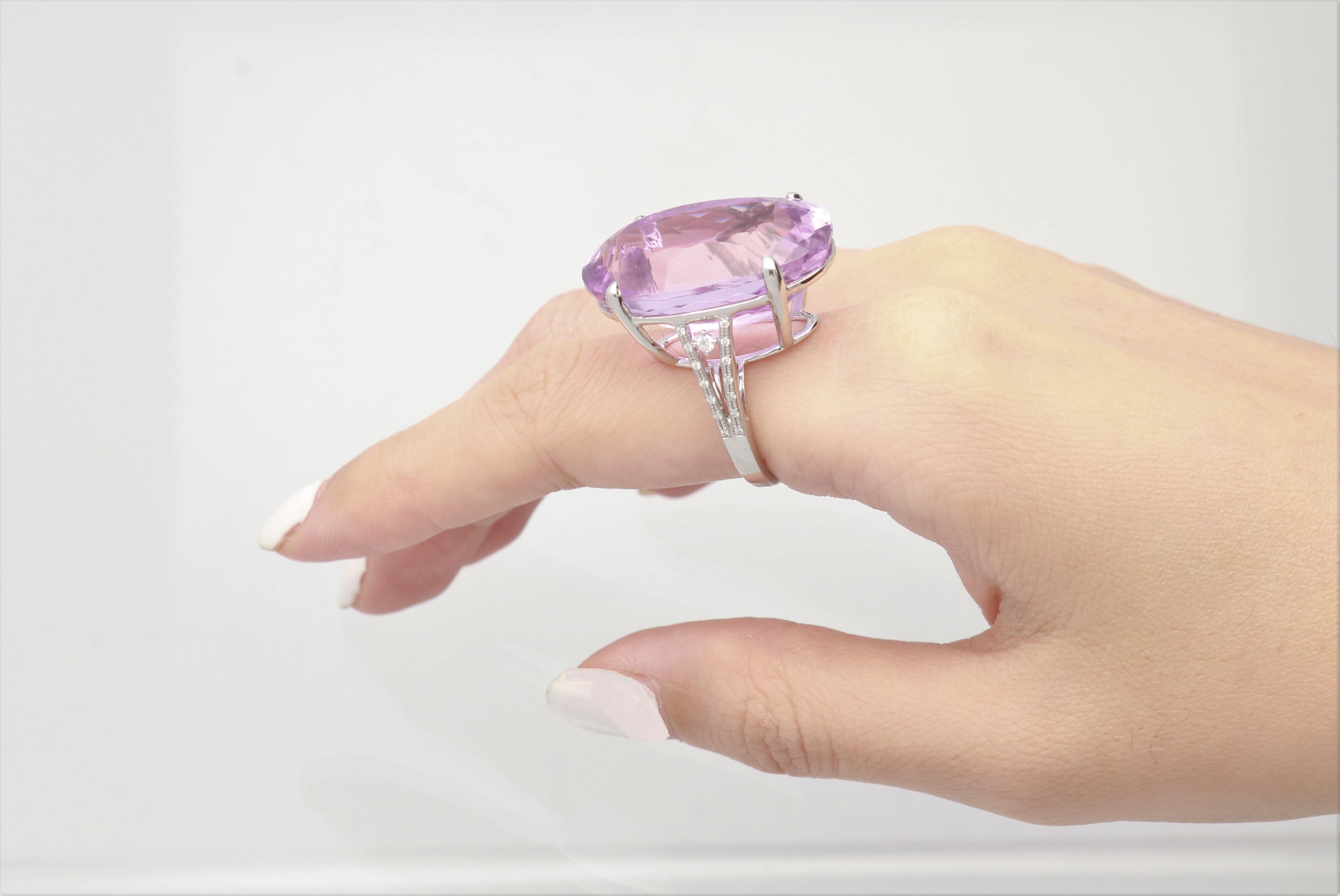 Oval Cut 49.52 Carat Kunzite and Diamond 14 Karat White Gold One of a Kind Ring