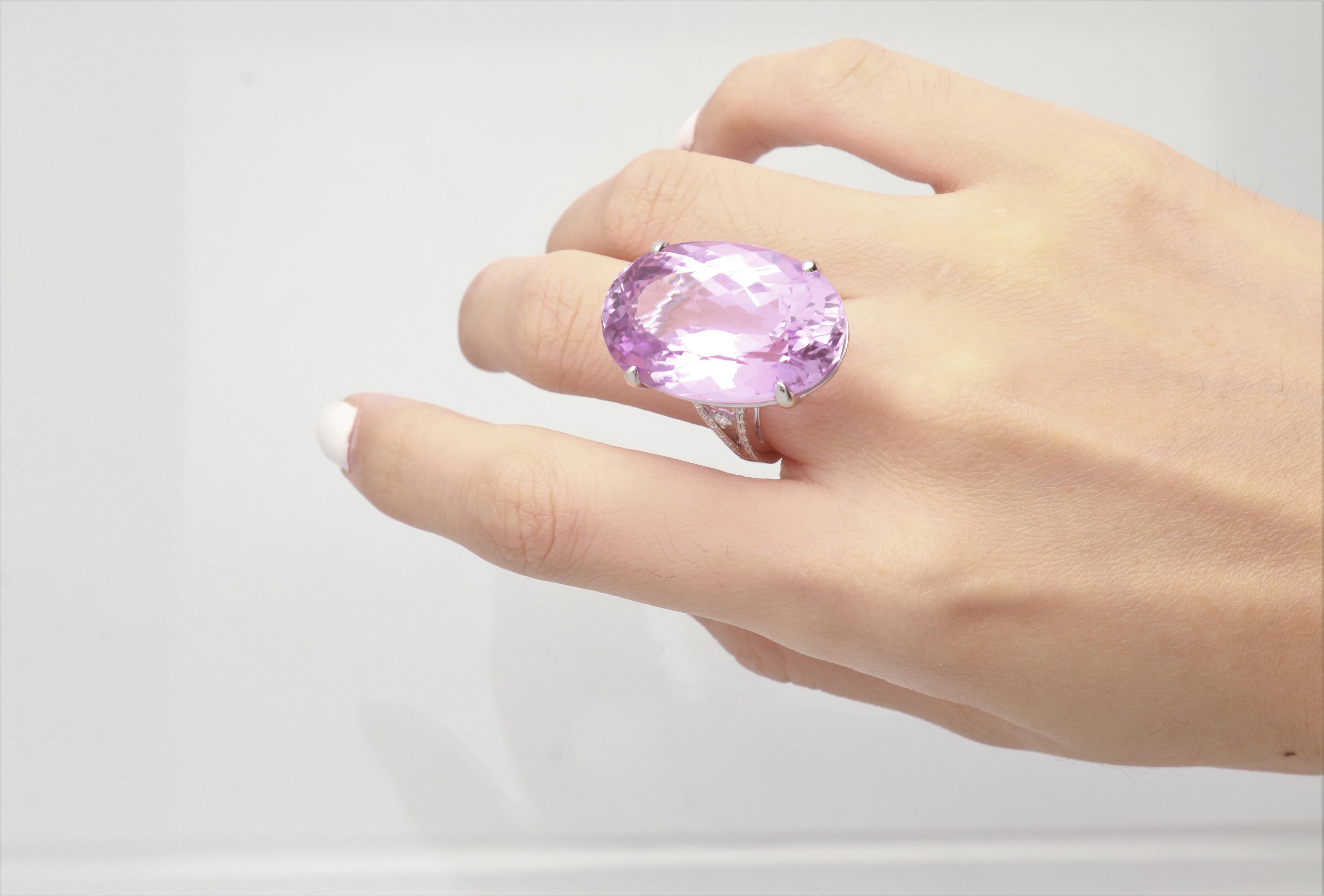 49.52 Carat Kunzite and Diamond 14 Karat White Gold One of a Kind Ring In New Condition In New York, NY