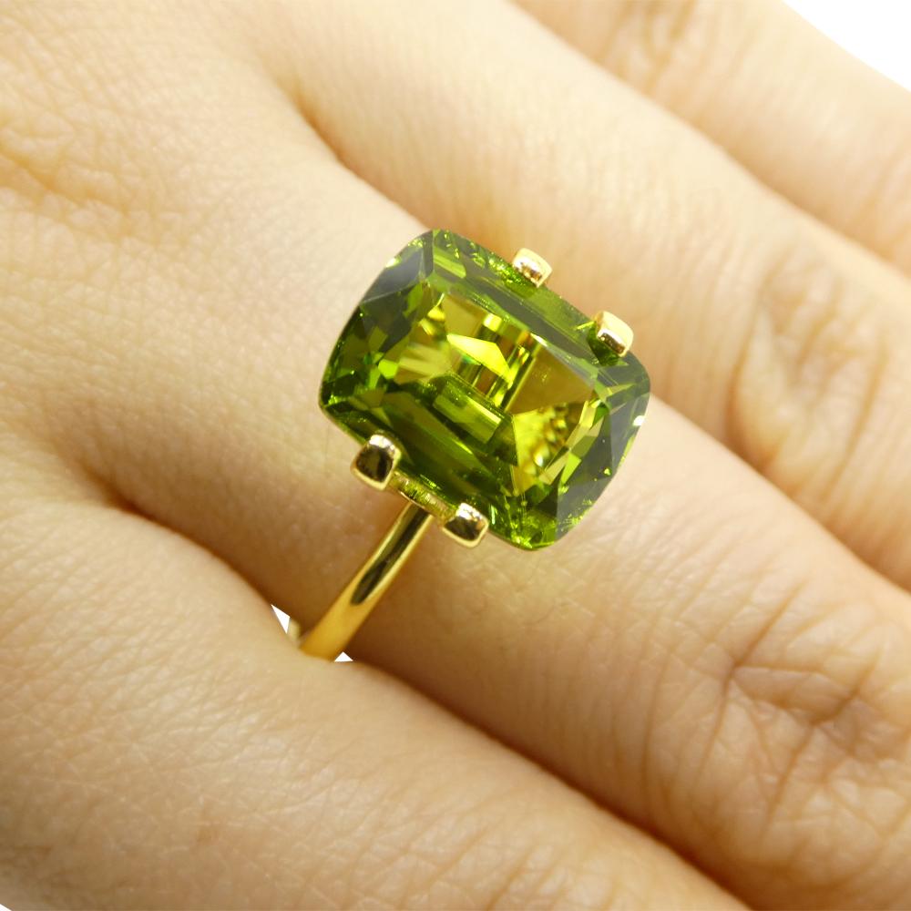 Description:

Gem Type: Peridot
Number of Stones: 1
Weight: 4.95 cts
Measurements: 11.47 x 8.86 x 5.56 mm
Shape: Rectangular Cushion
Cutting Style Crown: Brilliant Cut
Cutting Style Pavilion: Step Cut
Transparency: Transparent
Clarity: Very Slightly