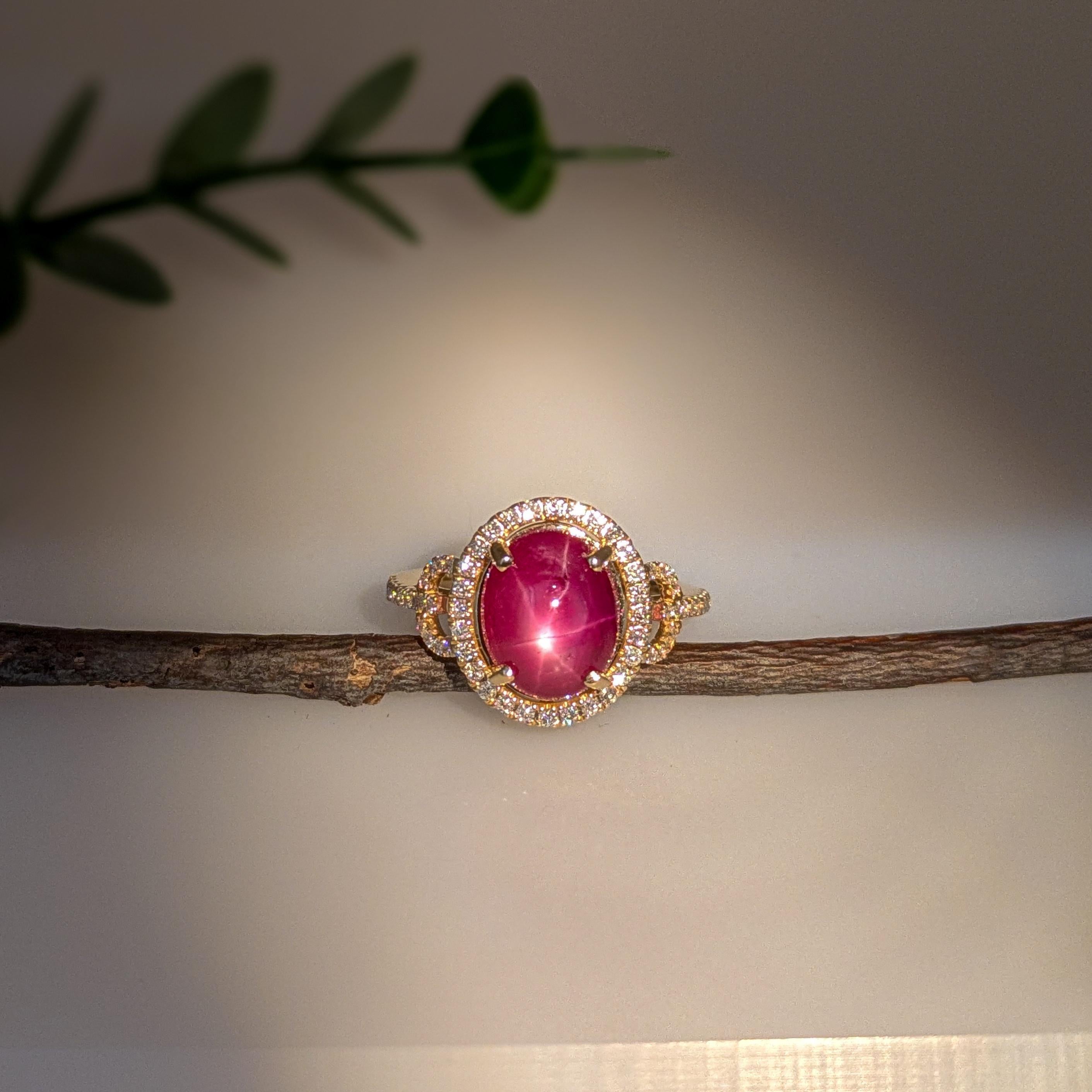 Oval Cut 4.95ct Star Ruby Ring w Natural Diamond Halo in Solid 14K Gold  OV 11x8mm For Sale