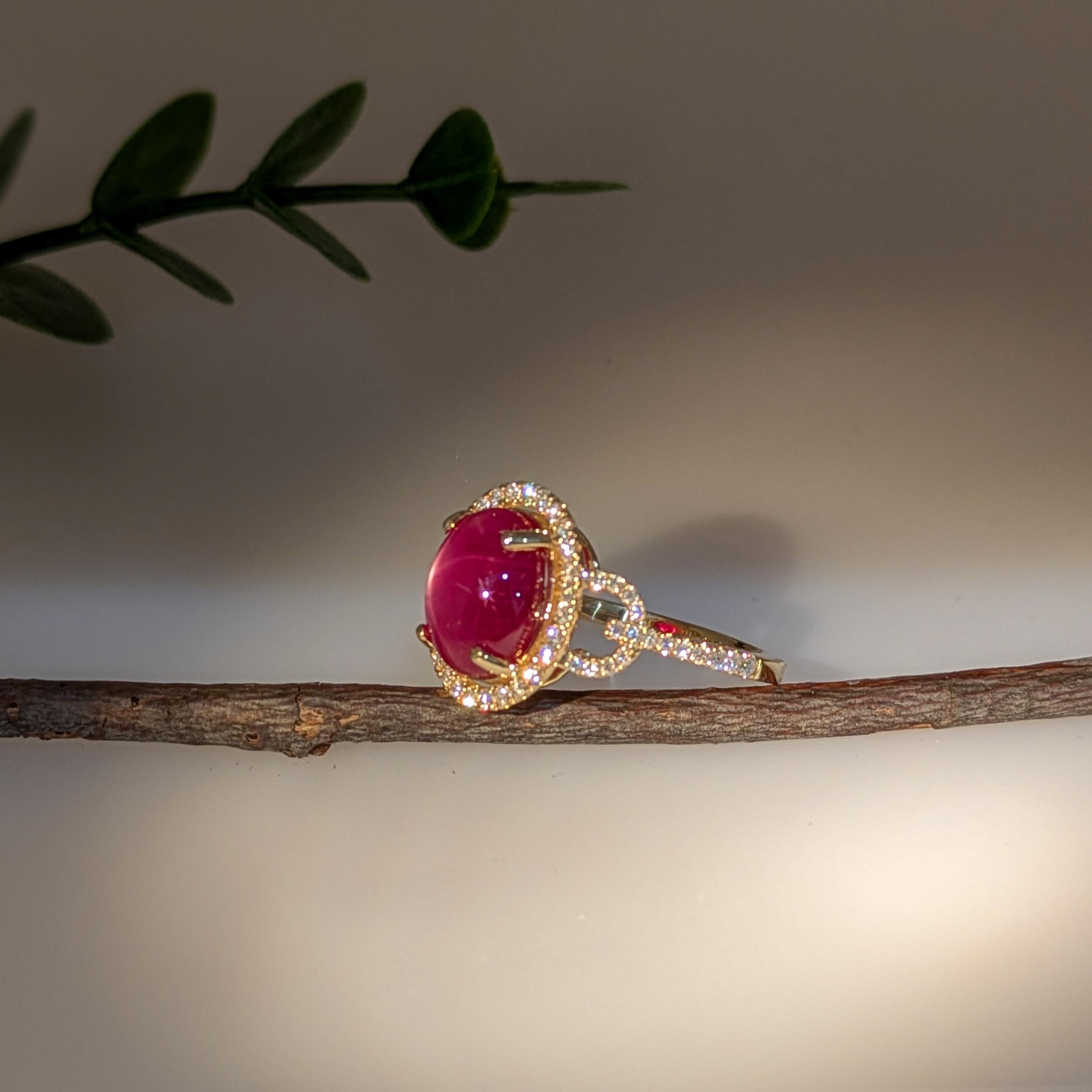 Women's 4.95ct Star Ruby Ring w Natural Diamond Halo in Solid 14K Gold  OV 11x8mm For Sale