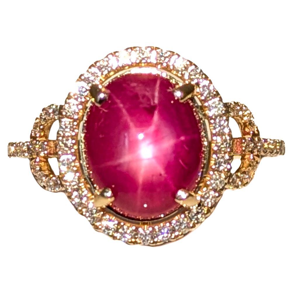 4.95ct Star Ruby Ring w Natural Diamond Halo in Solid 14K Gold  OV 11x8mm