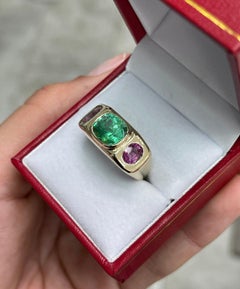 4.95tcw 14K Three Stone Colombian Emerald Cushion & Pink Sapphire Gypsy Ring