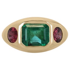 4.95tcw 18K 3 Stone Emerald Cut Emerald & Oval Reddish-Pink Sapphire Gypsy Ring