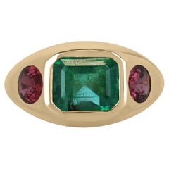 4.95tcw 18K 3 Stone Emerald Cut Emerald & Oval Reddish-Pink Sapphire Gypsy Ring 4.95tcw 18K 3 Stone Emerald Cut Emerald & Oval Reddish-Pink Sapphire Gypsy Ring