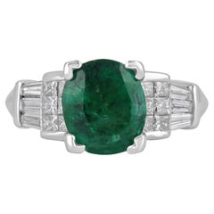 4.95tcw Natural Emerald Cushion Cut and Tapered Baguette Diamond Ring Platinum