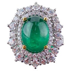 4.96 Carat Emerald Cabochon and Diamond Cocktail Ring