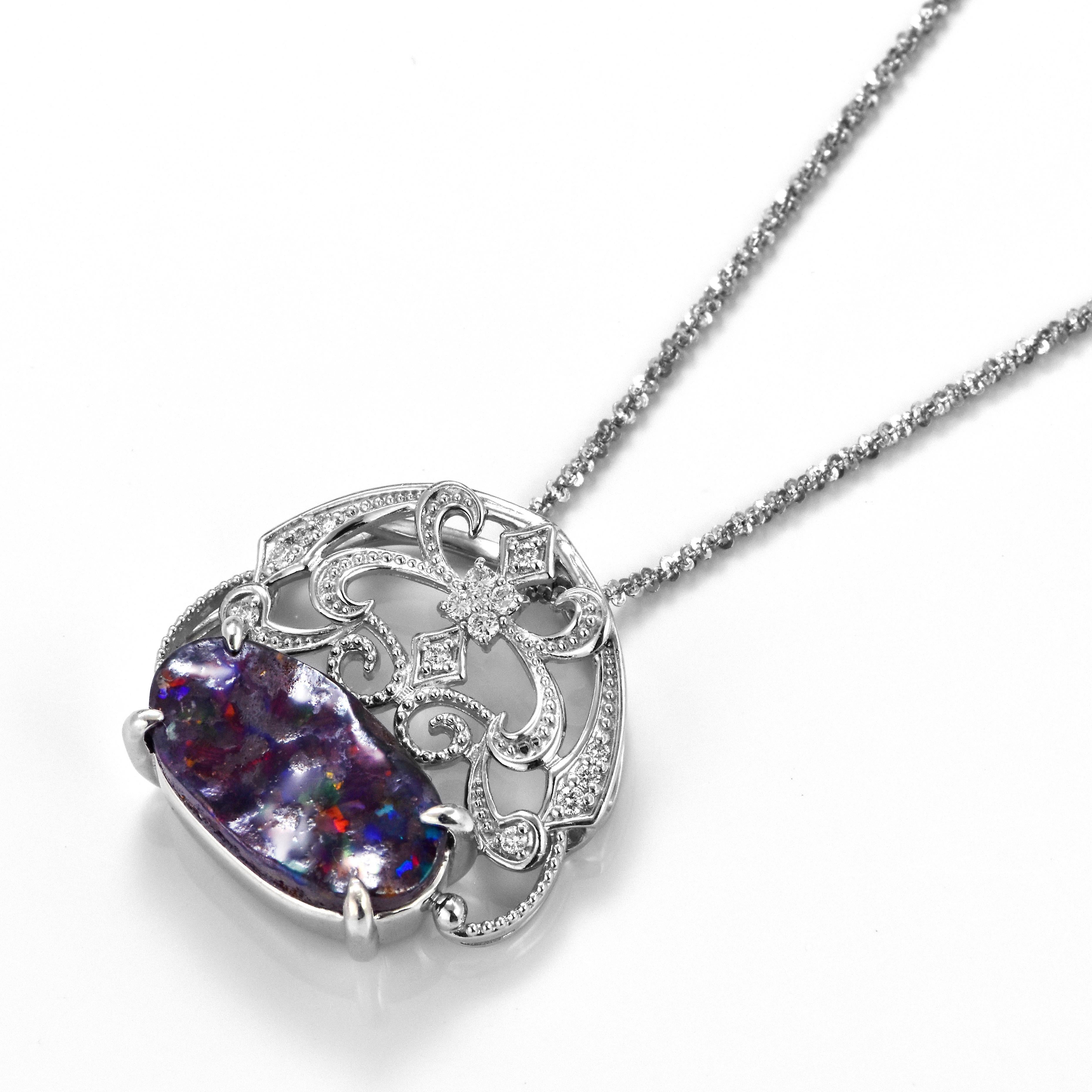 Modern 4.96 Carat Natural Australian Boulder Opal and Diamond Pendant Made in Platinum For Sale