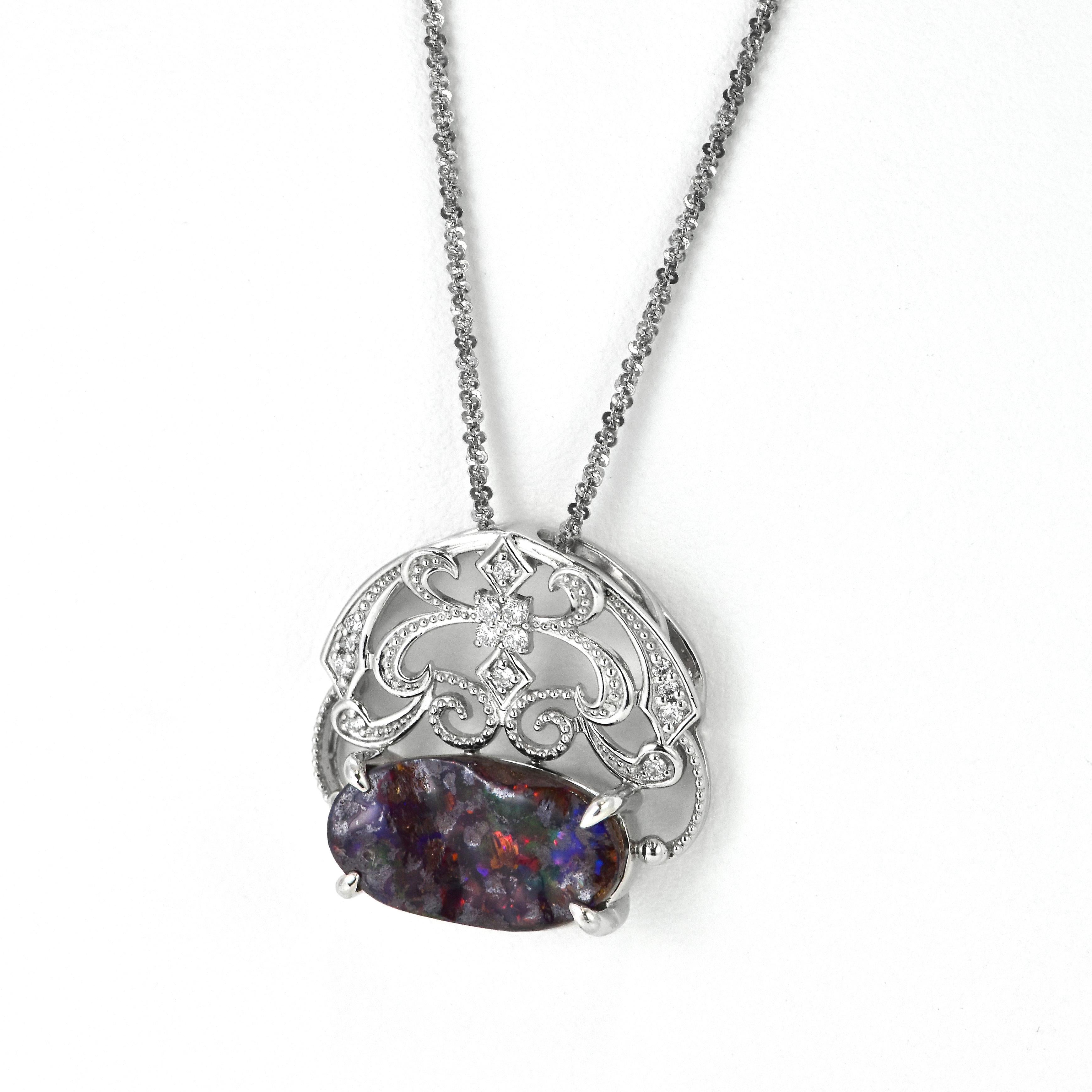 4.96 Carat Natural Australian Boulder Opal and Diamond Pendant Made in Platinum In New Condition For Sale In Tokyo, JP