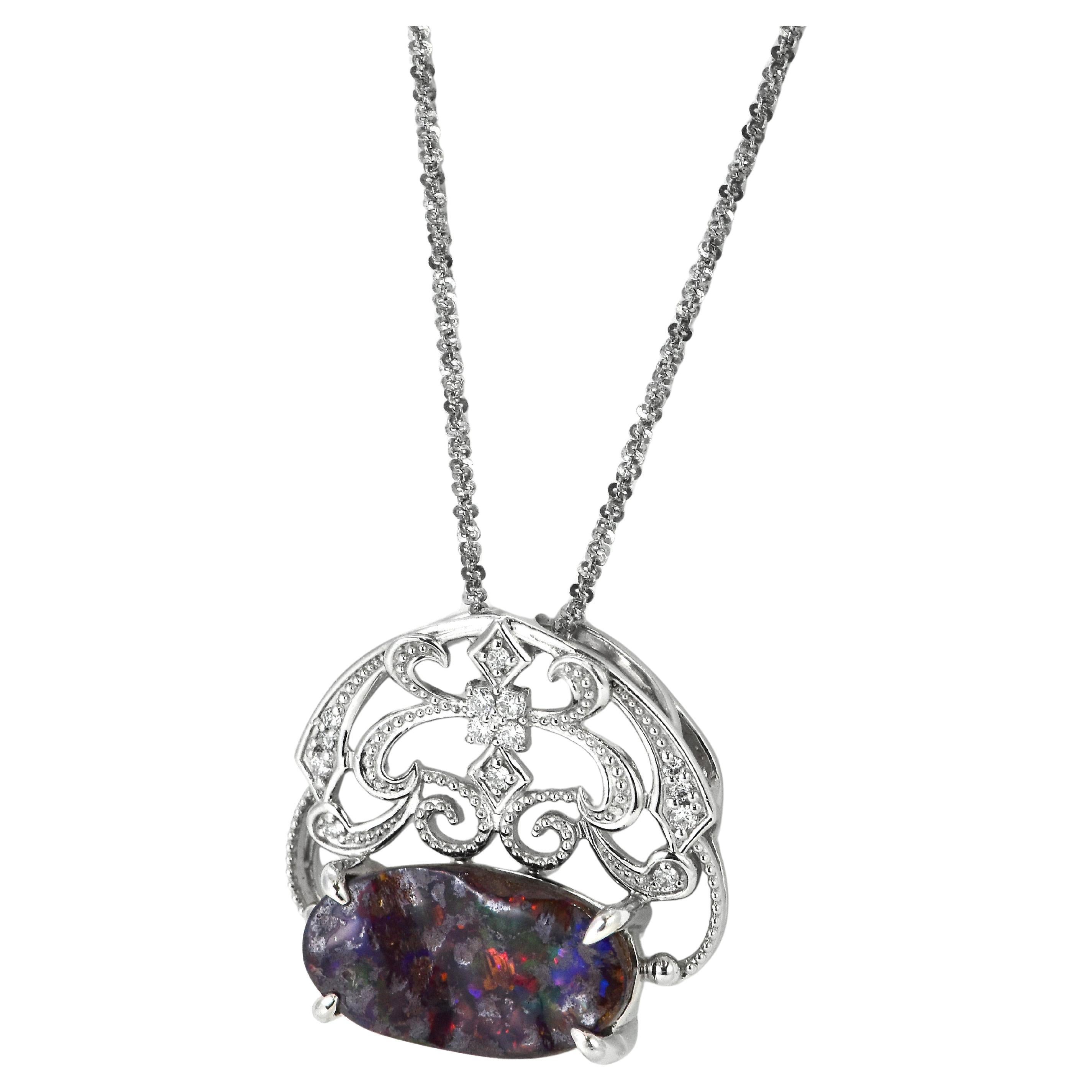 4.96 Carat Natural Australian Boulder Opal and Diamond Pendant Made in Platinum