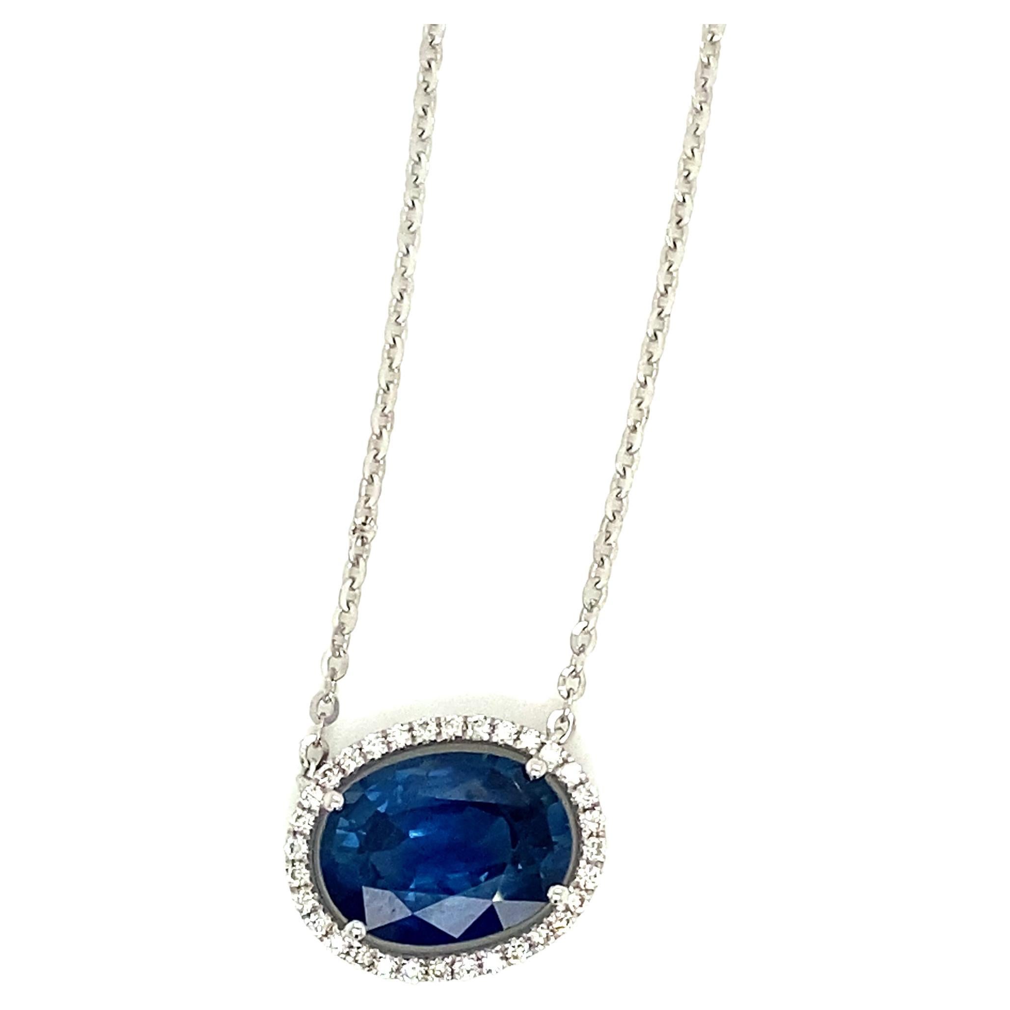 4.96 Carat Oval-Cut Vivid Blue Sapphire and White Diamond Pendant Necklace
