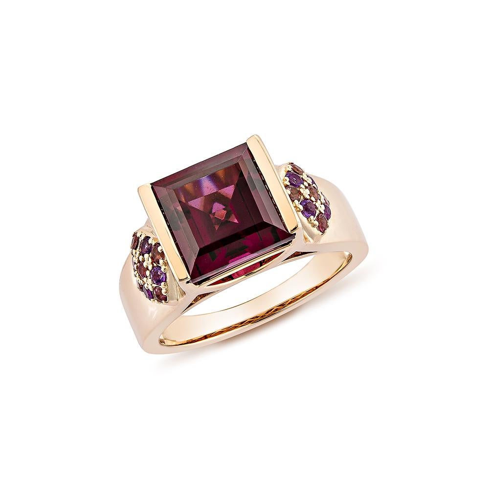 Contemporary 4.96 Carat Rhodolite Fancy Ring in 18KRG with Amethyst, and Pink Tourmaline.   For Sale