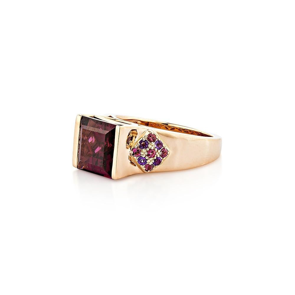 Princess Cut 4.96 Carat Rhodolite Fancy Ring in 18KRG with Amethyst, and Pink Tourmaline.   For Sale
