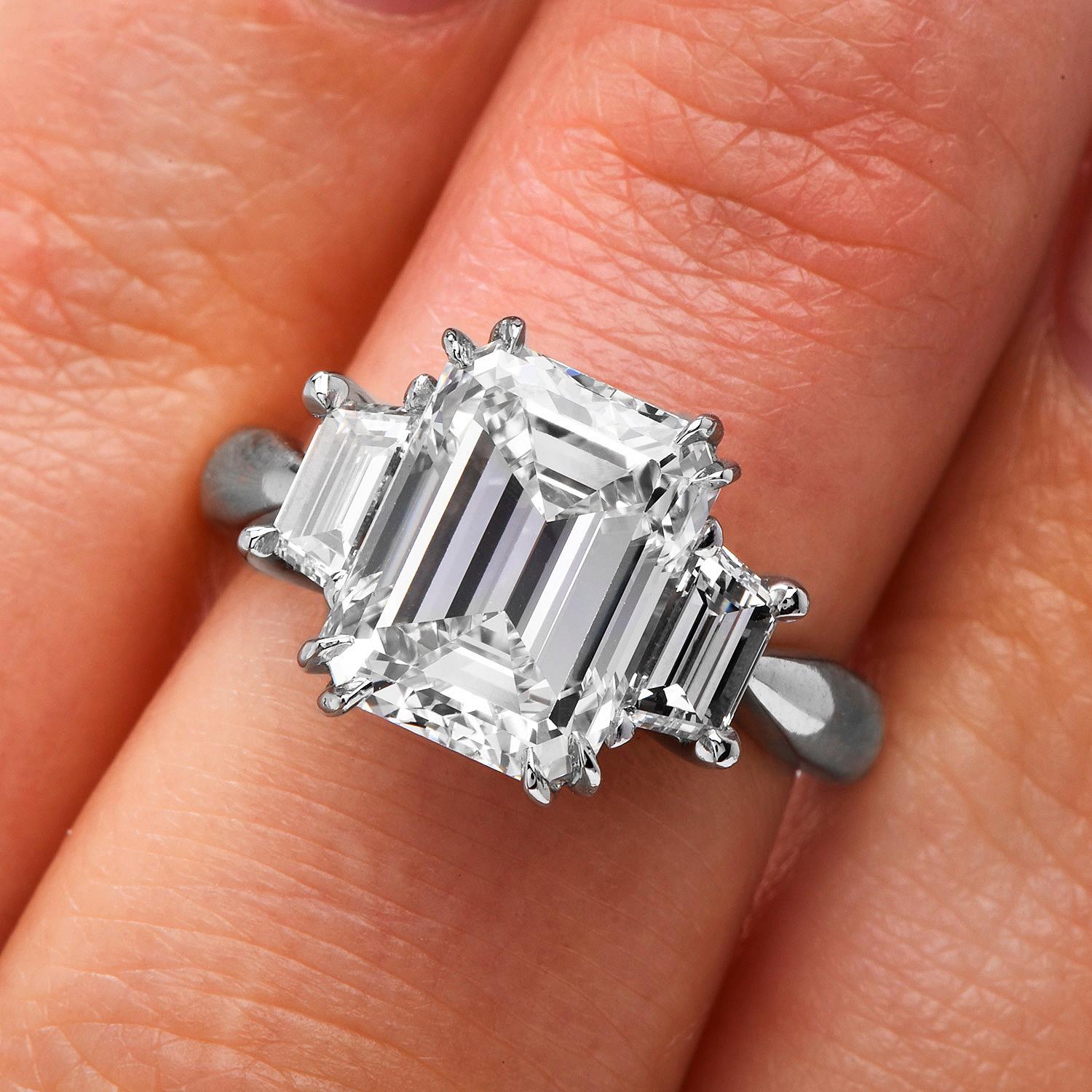 Modern 4.96 Carats GIA Emerald Cut Diamond Platinum Three Stone Engagement Ring