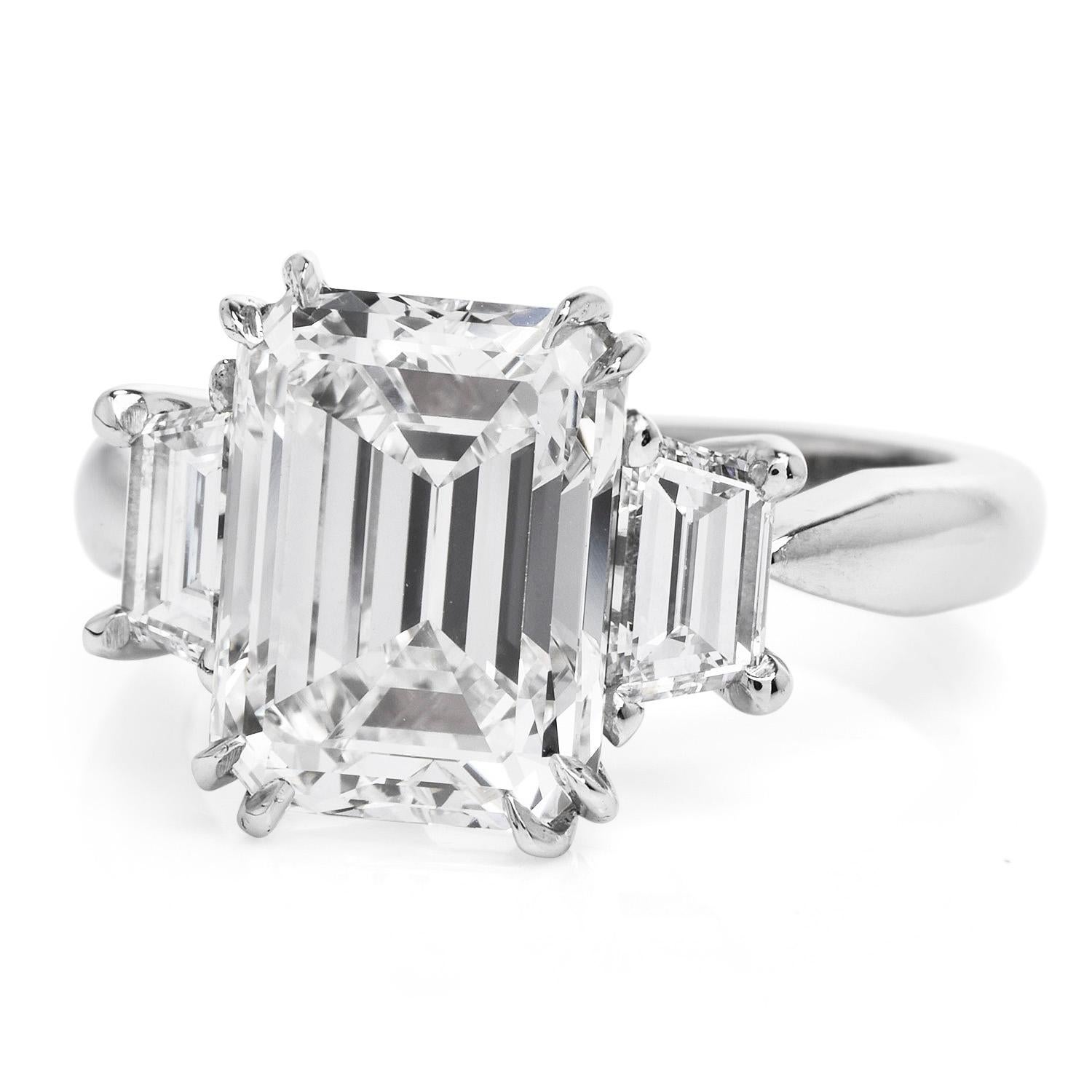 4.96 Carats GIA Emerald Cut Diamond Platinum Three Stone Engagement Ring In Excellent Condition In Miami, FL