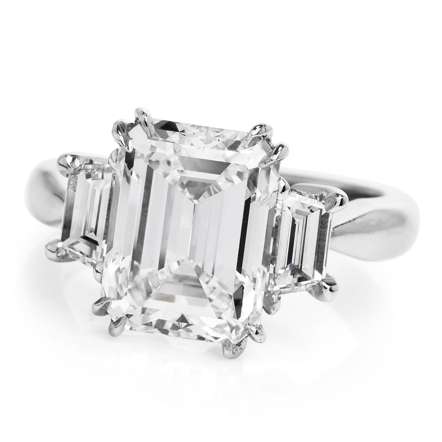Women's 4.96 Carats GIA Emerald Cut Diamond Platinum Three Stone Engagement Ring