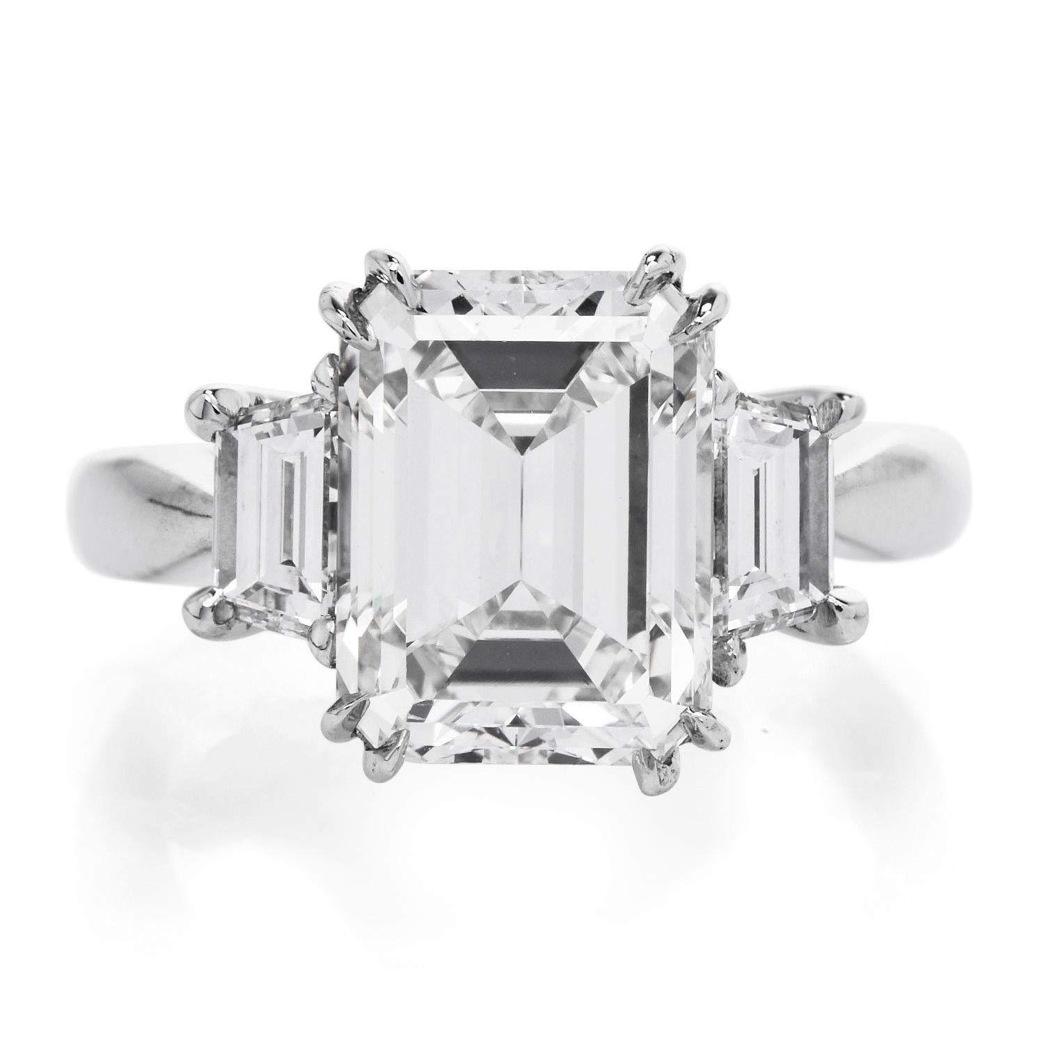 4.96 Carats GIA Emerald Cut Diamond Platinum Three Stone Engagement Ring 1