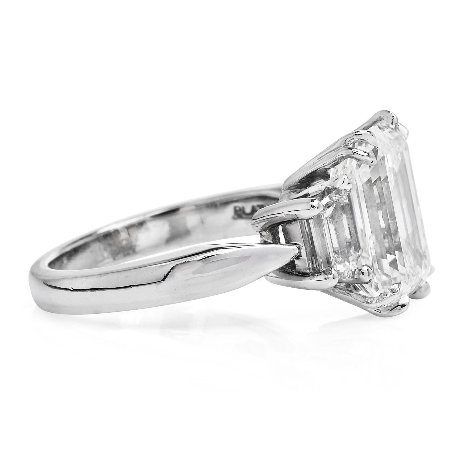 4.96 Carats GIA Emerald Cut Diamond Platinum Three Stone Engagement Ring 2