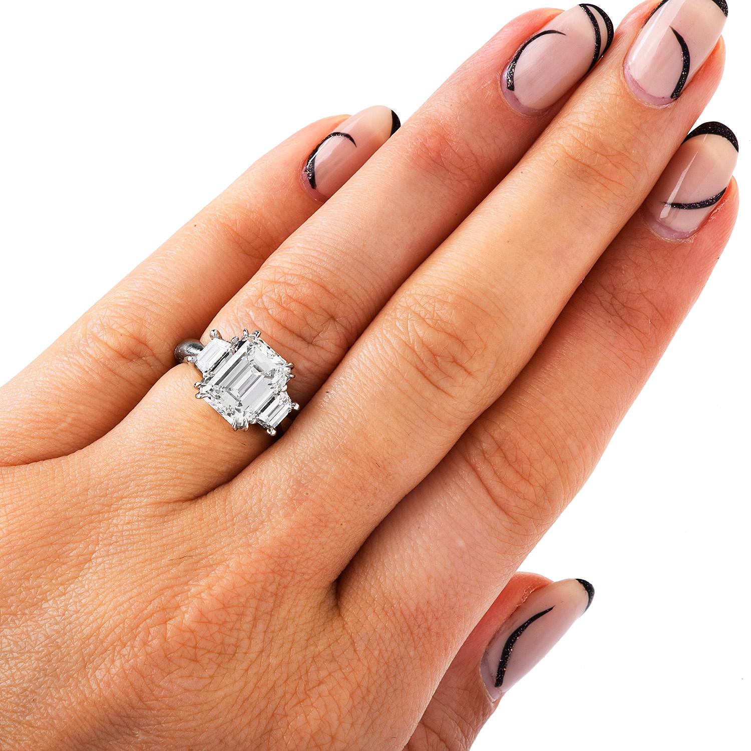 4.96 Carats GIA Emerald Cut Diamond Platinum Three Stone Engagement Ring 3