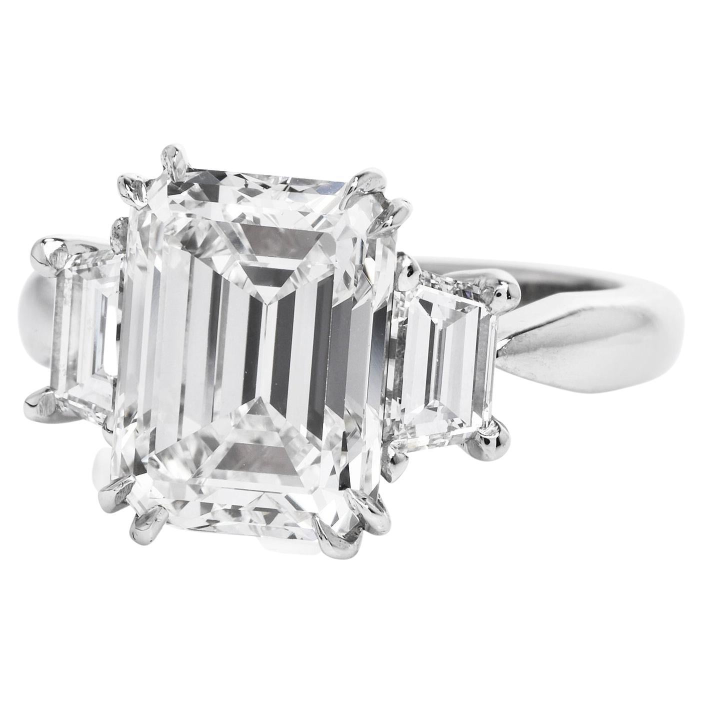 4.96 Carats GIA Emerald Cut Diamond Platinum Three Stone Engagement Ring