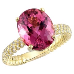 Natural Pink Tourmaline 4.96 Carats  set in 18K Yellow Gold Ring with Diamonds