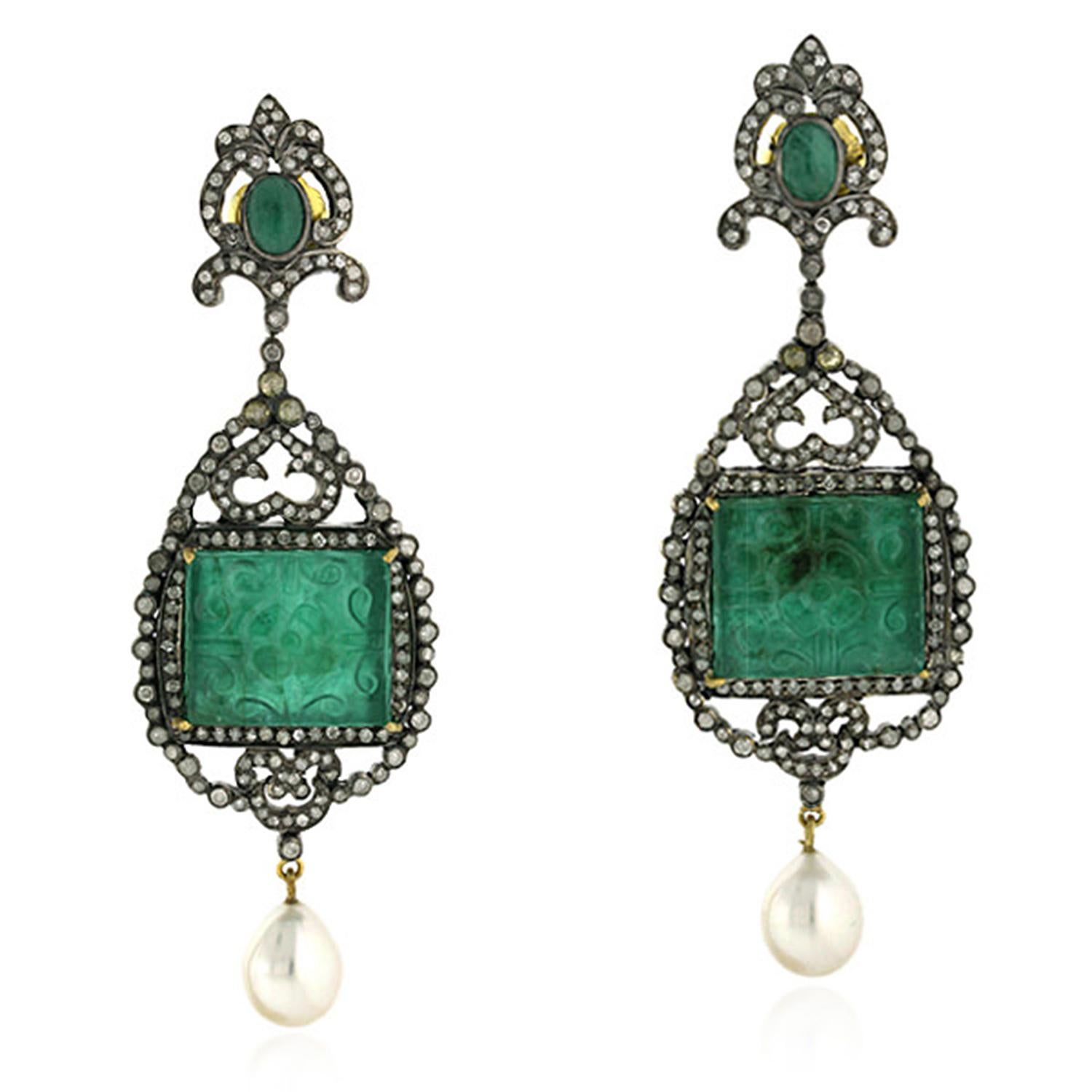 Artisan 49.65 Carat Hand Carved Emerald Diamond Pearl Earrings For Sale