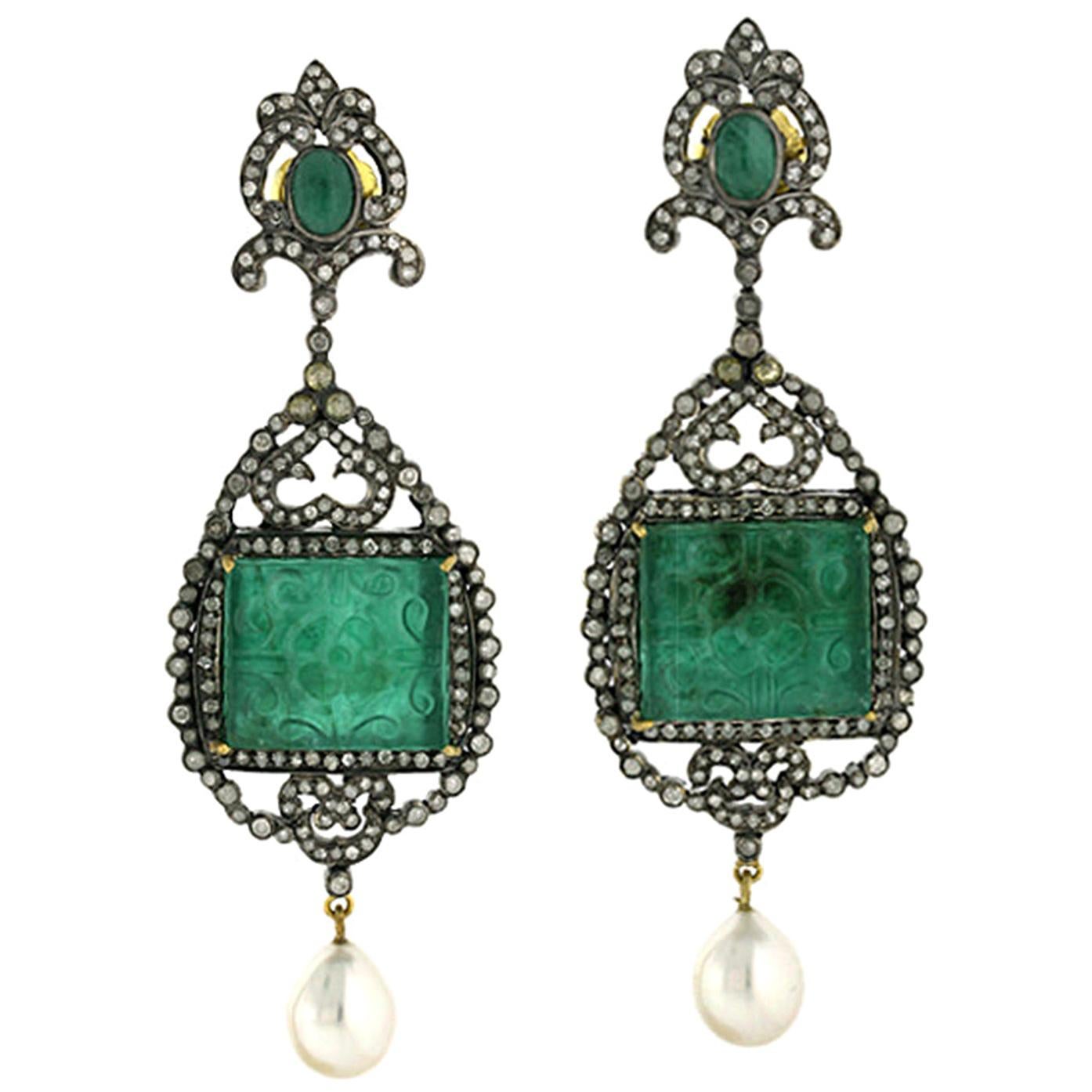 49.65 Carat Hand Carved Emerald Diamond Pearl Earrings