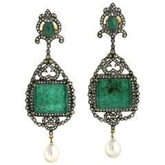 49.65 Carat Hand Carved Emerald Diamond Pearl Earrings