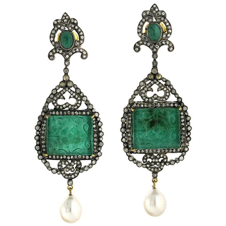 49.65 Carat Hand Carved Emerald Diamond Pearl Earrings For Sale at 1stDibs